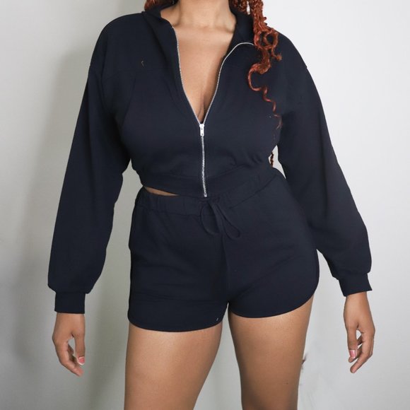 Sexy Cropped Black Terry Zip Up Hoodie Loungewear - Picture 2 of 3